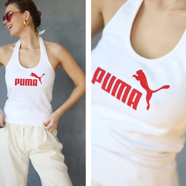 PUMA Vintage white cotton red logo low open back halter neck sporty summer top