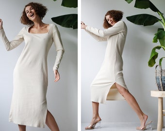 Vintage cream white ribbed square neck long sleeve fitted midi dress M