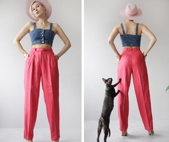 Vintage coral pink linen high waist wide hip front