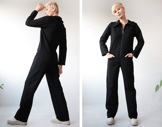 Vintage black simple long sleeve front zip overall