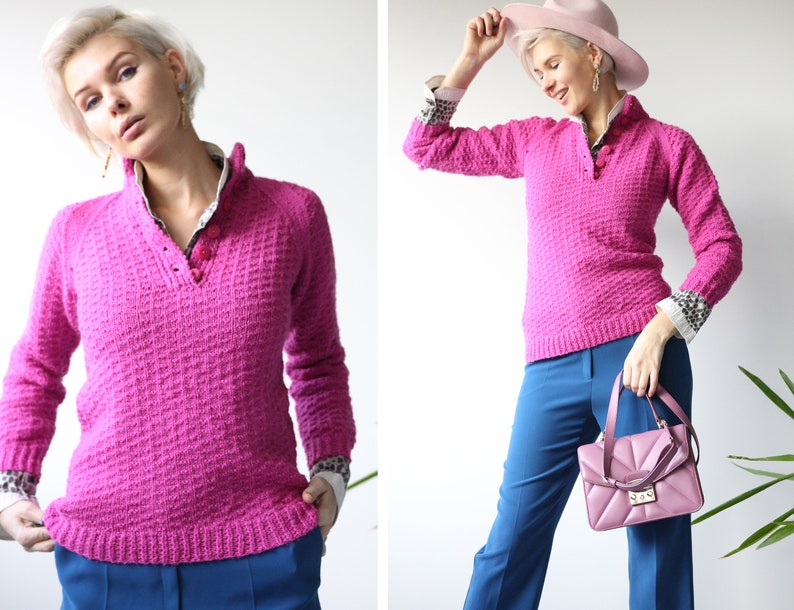 Chunky pink winter sweater Loose fitting knitted blouses vintage o neck top rabbit fur main image 1