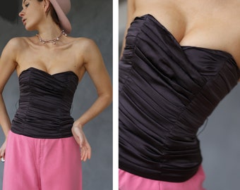 Vintage pleated silk strapless corset blouse top XS