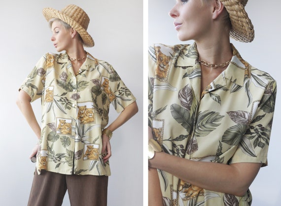 Vintage yellow green animal botanical print short sleeve button up shirt blouse top