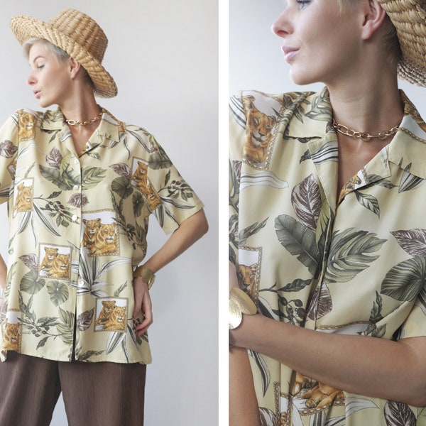 Vintage yellow green animal botanical print short sleeve button up shirt blouse top