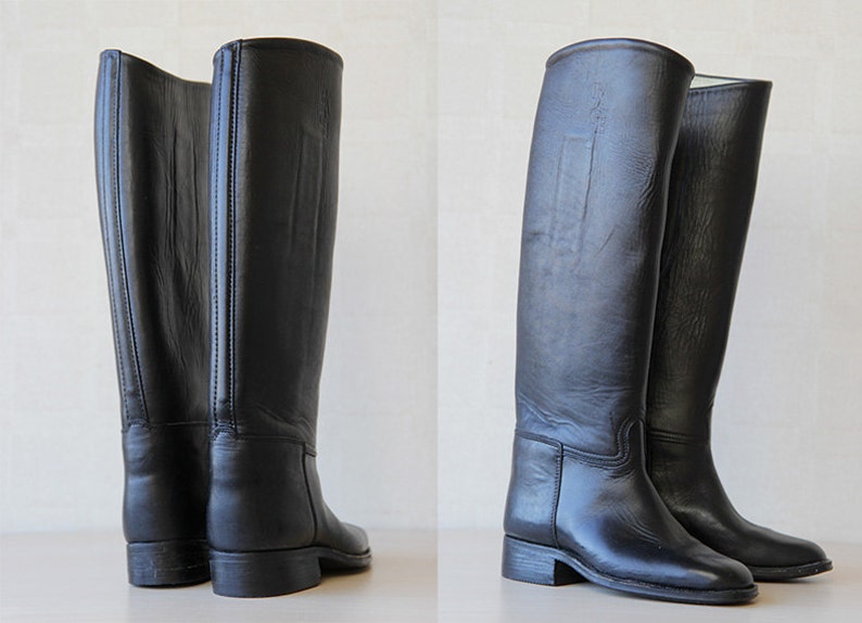 Black Leather Tall Knee Length Riding Boots Size 6 Etsy