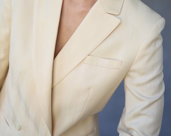 Giacca blazer semplice finlandese vintage in lana a righe bianche crema XS