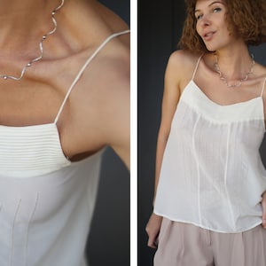 Vintage cream white silk tiny spaghetti strap cami blouse top XS