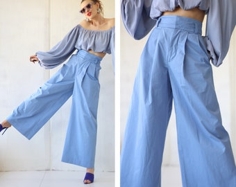pantalon large taille haute en coton bleu vintage XS