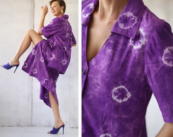 Vintage two piece set purple tie dye skirt and shirt coord suit L