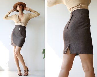 DRIES VAN NOTEN vintage brown above the knee length high waist pencil mini skirt Xs S