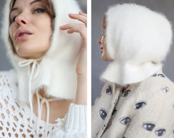 Vintage white soft angora wool knit winter bonnet hood hat
