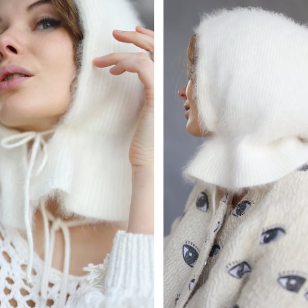 bonnet d'hiver vintage blanc en laine angora douce en tricot