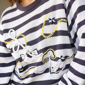 Vintage blue white horizontal striped cotton simple long sleeve casual jumper sweater top