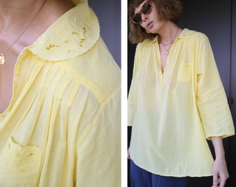 Vintage yellow cotton embroidery collar long sleeve flared blouse top