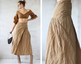 LUISA CERANO Vintage beige metallized puckered asymmetric maxi skirt S