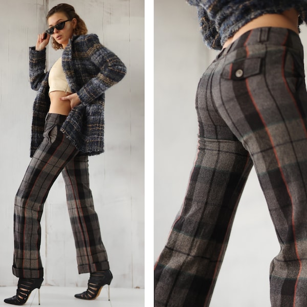 Vintage grey plaid wool blend mid waist straight leg trousers pants XS