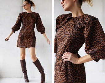 GANNI Vintage leopard print cotton puffed sleeve mini dress S