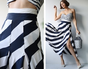 Vintage blue white striped silk high waist mid calf length full pleated midi skirt XS S