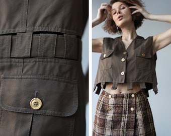 Vintage khaki brown cotton two in one three piece belted transformer vest top
