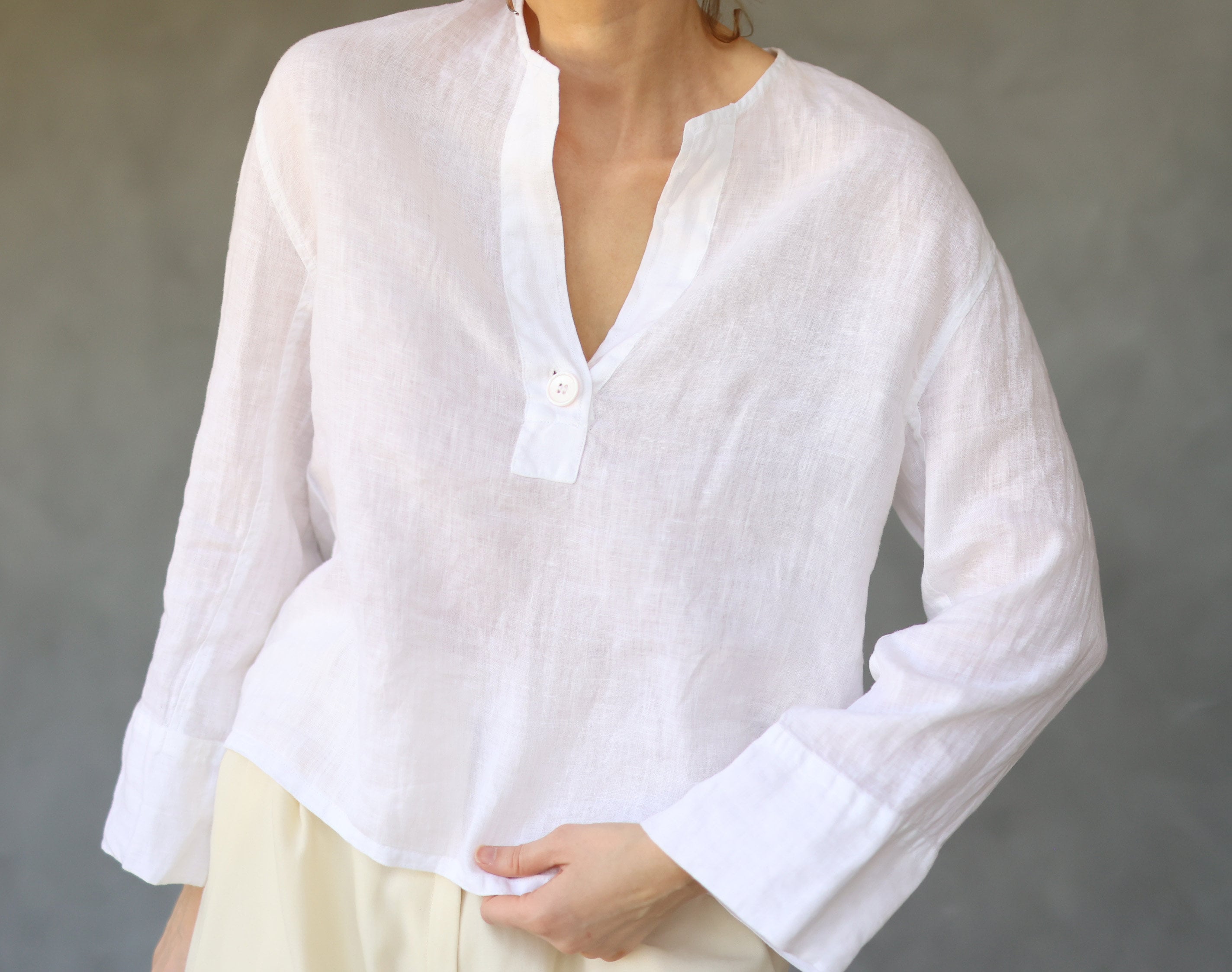 Vintage White Pure Linen Relaxed Fit Long Sleeve Shirt