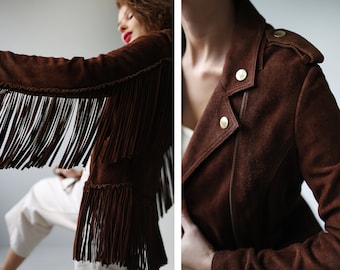 LOVE MOSCHINO Vintage Brown Heavy Real Suede Fringe Asymmetric Zip