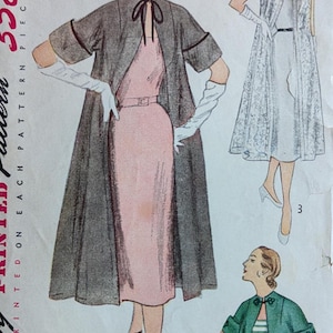 May include: Vintage Simplicity pattern #3573 featuring illustrations of women's dresses and coats. The main illustration shows a pink dress with a gray coat. The pattern includes sizes and a price of 35 cents.