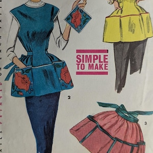 May include: Vintage Simplicity sewing pattern featuring apron designs. The illustrations show aprons in teal, yellow, and pink, with floral accents. The text "SIMPLE TO MAKE" is visible. The pattern number is 4492.
