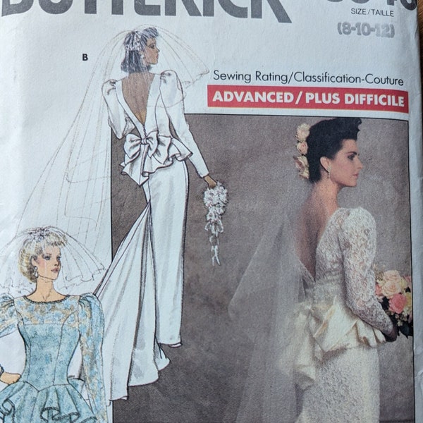 Butterick 1980s 3 Styles Wedding Gown, Bridesmaid, Evening Dress Sewing Pattern #5940 Uncut, Size 8, 10, 12, Back Attached Bow, Train