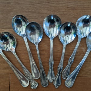 Eight Silverplate Small Bullion or Soup Spoons, Mismatched, Wedding Event Flatware Silverware, Gumbo Spoons