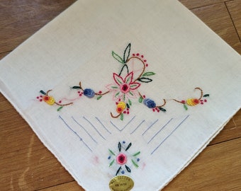 Vintage Embroidered Hankie 11" x 11" White Cotton, RN 14750, Floral Multi-Colored, Handkerchief