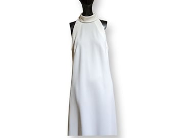 Maxi Dress White Polyester Handmade Mock Turtleneck Sleeveless A-Line Bare Shoulders Size Small