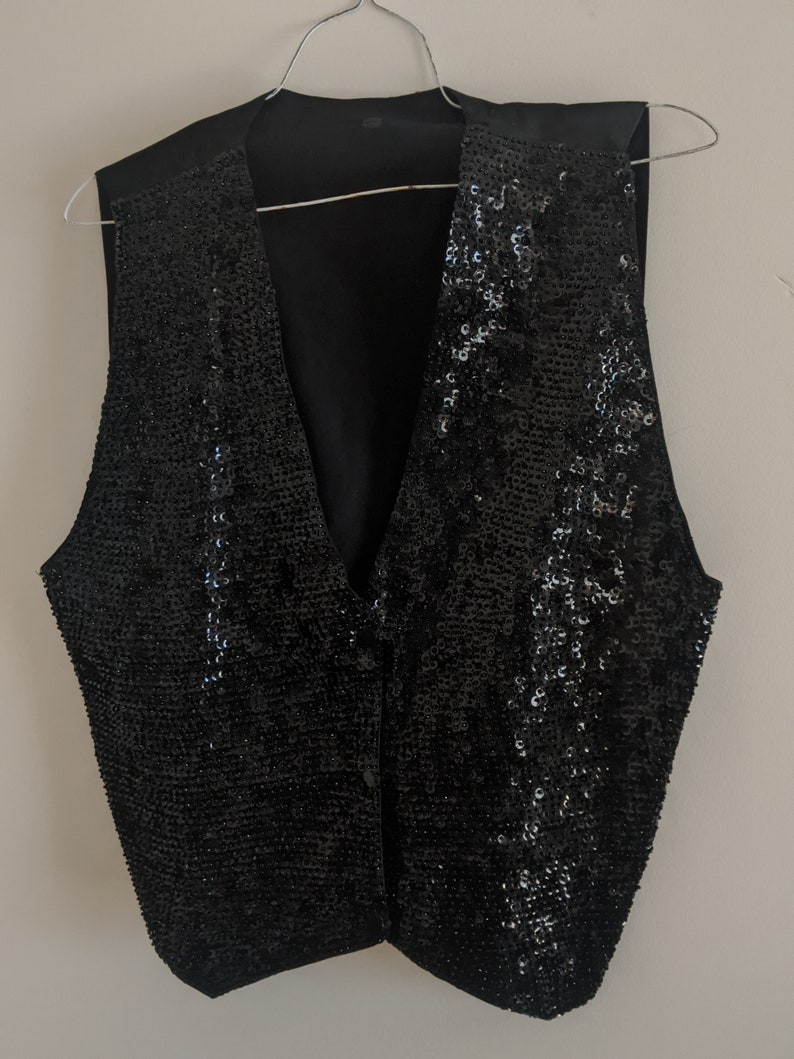 Women's Black Sequin Waistcoat Vest Satin Back Lined Size Etsy