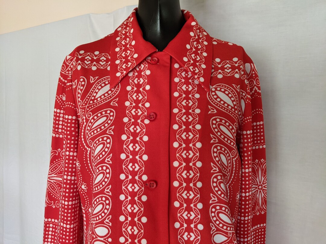 Red Bandana Print Women's Vintage 1970s Polyester Long Etsy