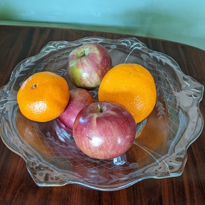 Etched Glass Art Deco Footed Serving Fruit Bowl