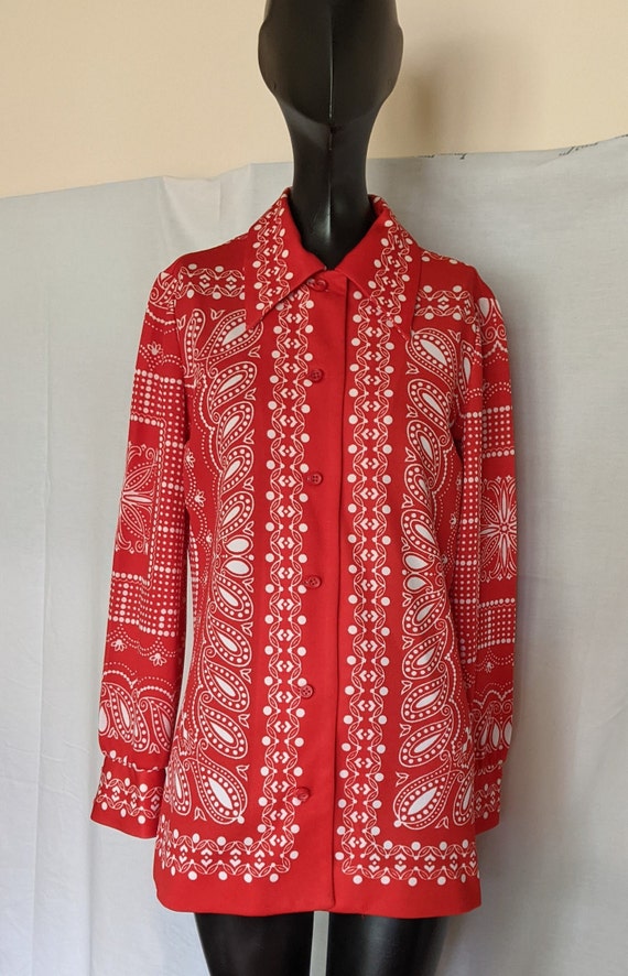 Red Bandana Print Women's Vintage 1970s Polyester Lon… Gem