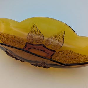 Amber Glass Oval Serving Bowl, MCM Dining, Art Deco Swirl Design, Serving Bowl, Yellow Glass, Autumn Leaf Design