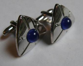 Vintage Atomic Cufflinks: Silvertone Metal with Blue Stone, Mid Century Geometric