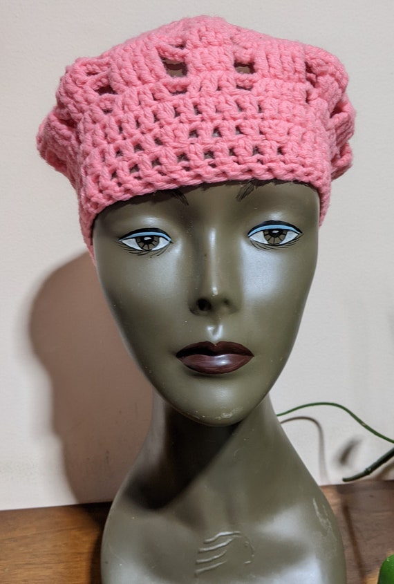 Hot Pink Beret, Hand Crocheted Vintage Hat