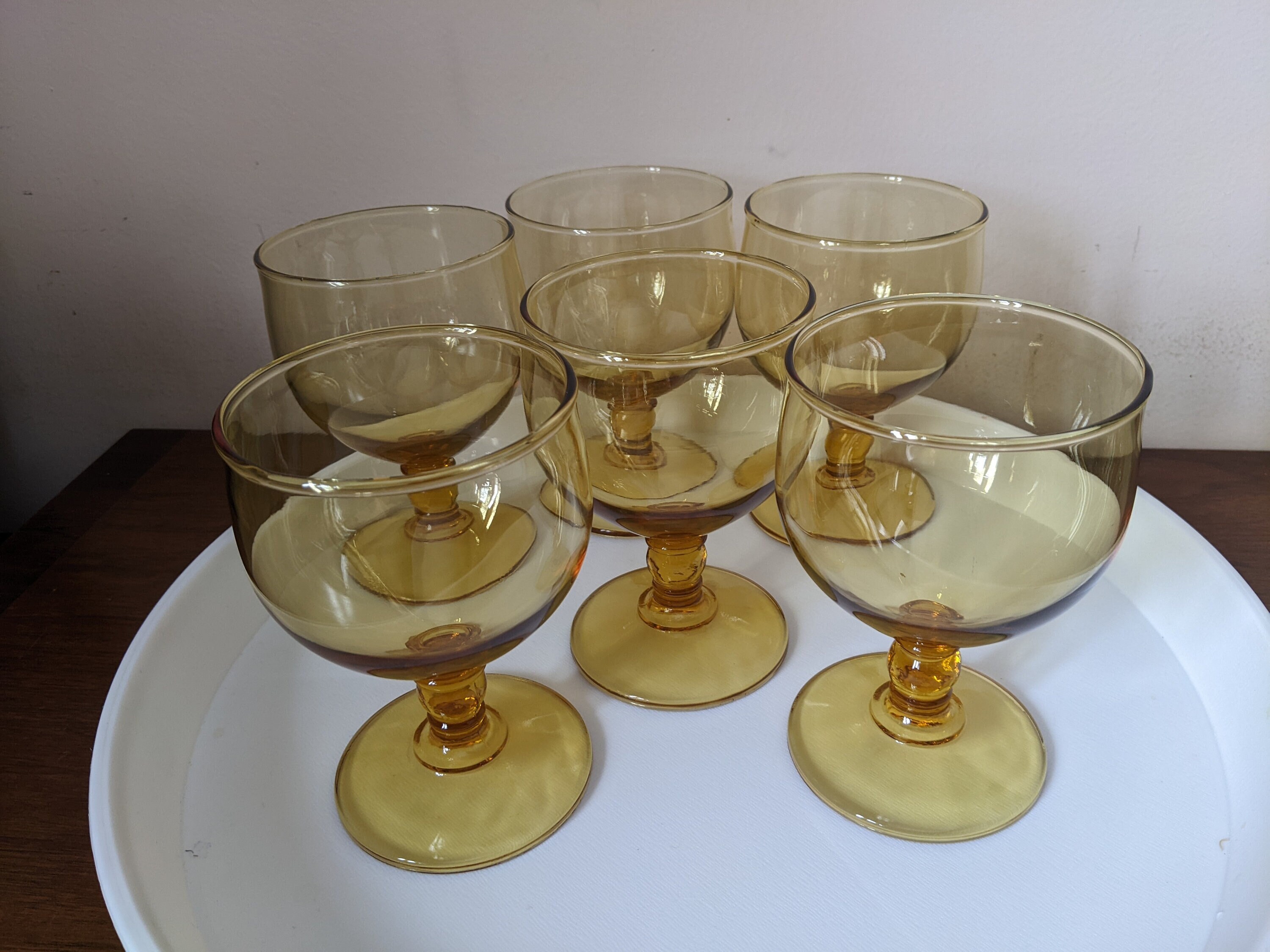 Set of Seven Yellow Glass Bubble Thumbprint Tumblers Vintage Boho Bohemian  Eclectic Retro Glassware 