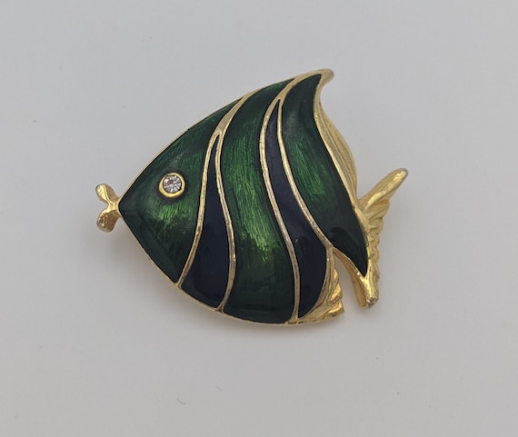 Vintage 1980s Green and Blue Enamel Goldtone Fish… - image 1