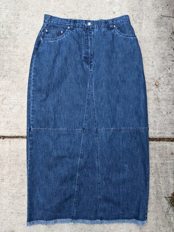 1990s Denim Skirt, High Waist, Midi Skirt, Sz 14, 