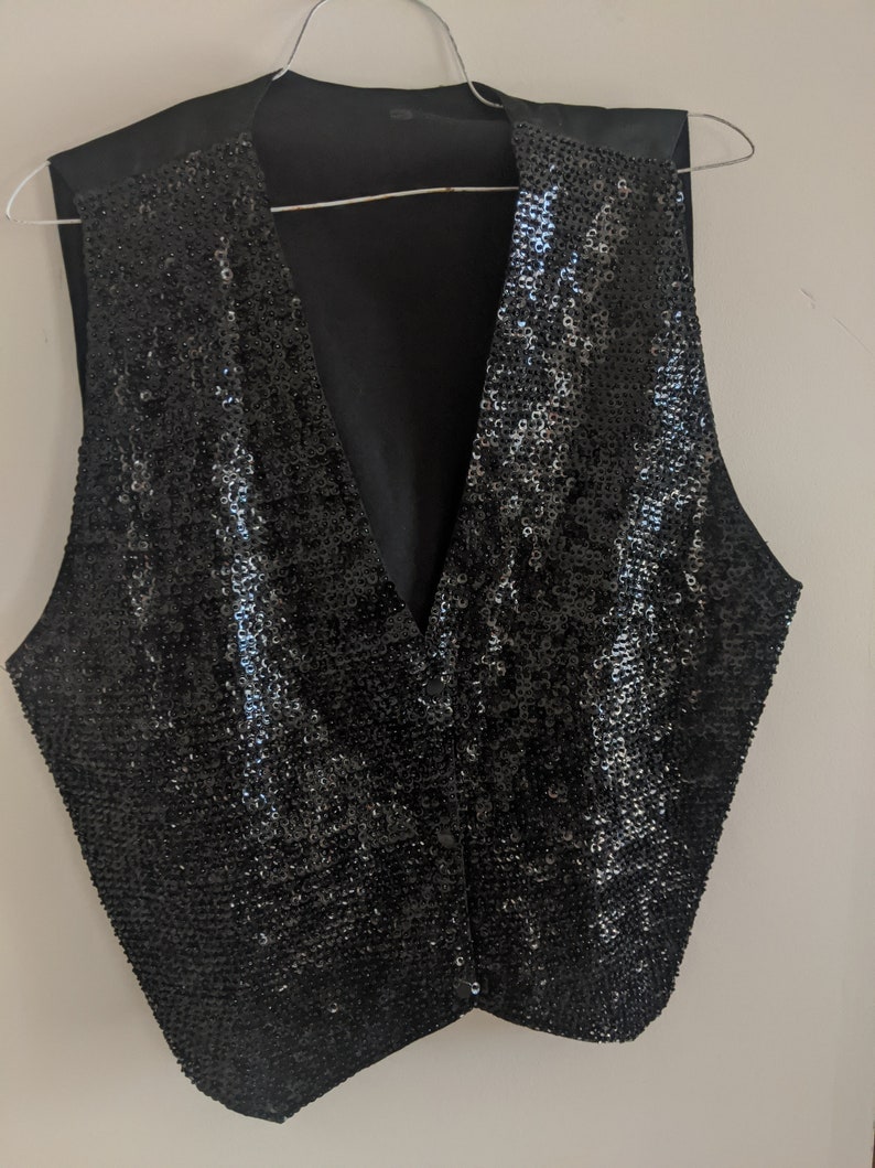 Women's Black Sequin Waistcoat Vest Satin Back Lined Size Etsy