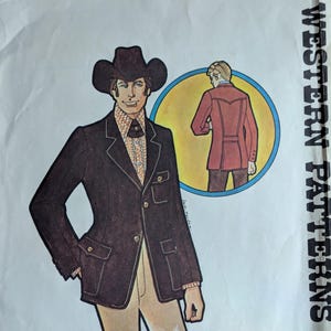 May include: An Authentic Patterns, Inc. sewing pattern envelope for a western-style jacket, labeled 244. The illustration shows a dark brown jacket with flap pockets, a patterned shirt, and a cowboy hat, with a circular inset showing the back view.