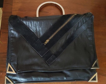 1980s Black Clutch Purse with Silver Handle Geometric Asymmetric 12" x 10" 80s Bag Handbag