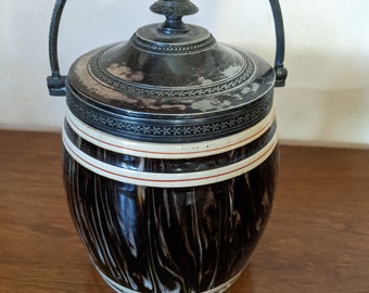 Antique Macintyre Biscuit or Tea Barrel, Cookie Jar, c. 1860 Marbled Mocha Ceramic with Metal Lid