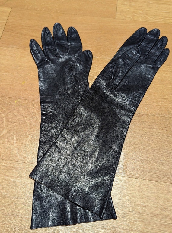 Long Black Faux Leather Gloves, Size 7, Mid Forear