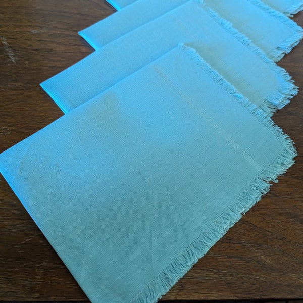 4 Turquoise Linen Dinner Napkins, Pale Blue Linen, Drawn Thread, Vintage, Mid Century, Scandinavian