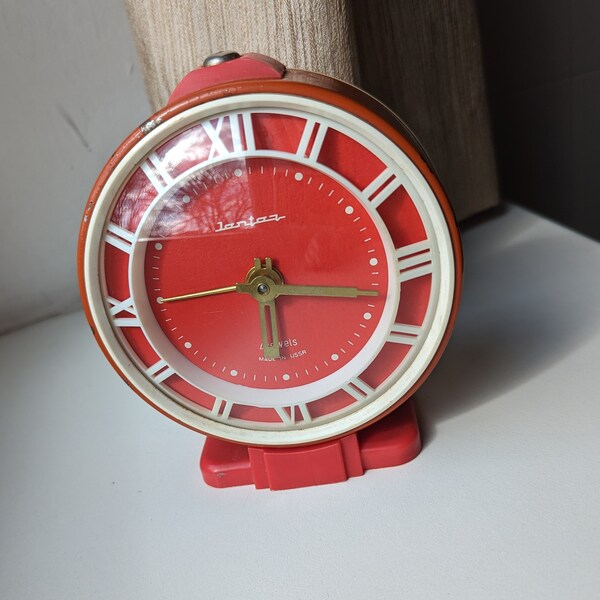 Mid Century Orange Wind-up Mechanical Alarm Clock, Made in USSR, Jantar, Cast Iron Metal, Keeps Time