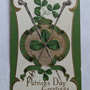 St Patrick&#39;s Day Postcard, Early 1900s, Victorian Era Greeting Card, Gold Embossed, Irish, Antique, Postmarked 1909, Ireland, Erin Go Bragh