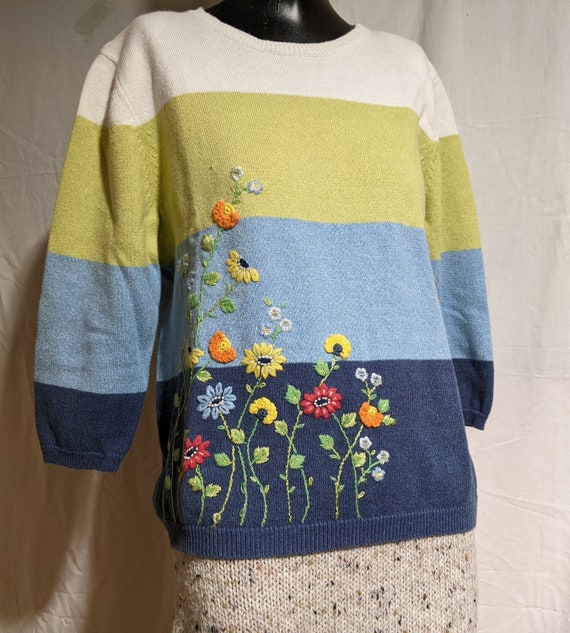 1990s Sweater 3/4 Sleeves Cotton Blue, White, Char